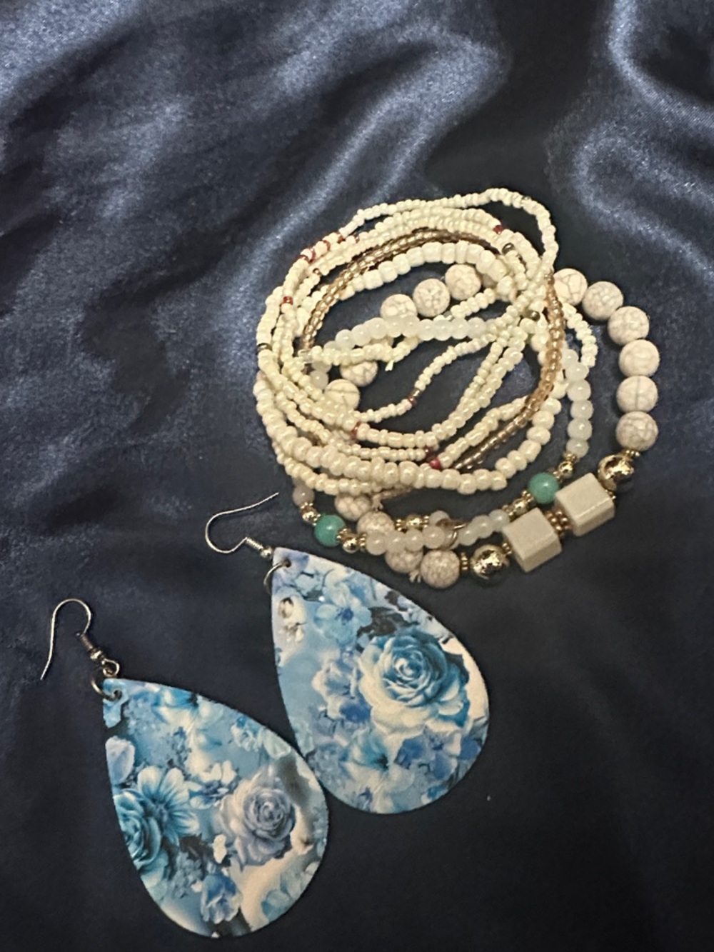 Handmade Blue Floral Teardrop Earrings with White Beaded Bracelet Set